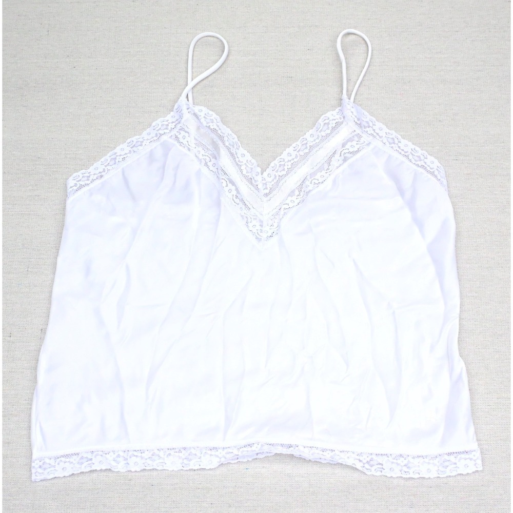 Christian Dior Womens White Camisole Floral Lace Trim V Neck Satin Cord Straps